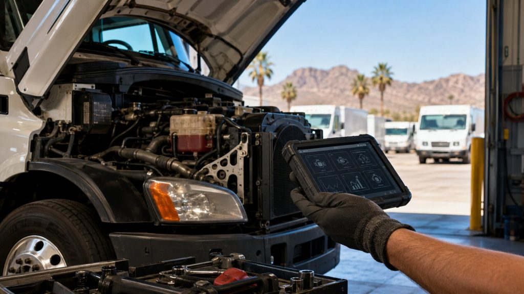 Tucson commercial truck service technician performing fleet diagnostics on a heavy-duty work truck.