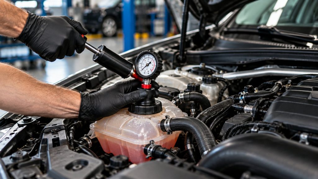 Technician performing cooling system pressure testing in Tucson to diagnose coolant leaks and engine overheating before radiator replacement.