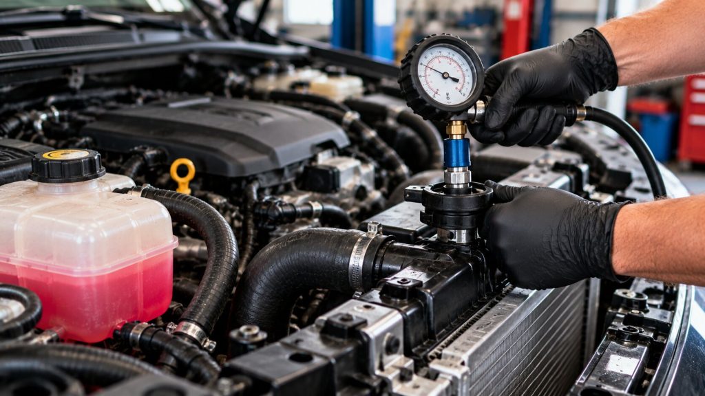 Mechanic inspecting radiator hoses and coolant system components before desert driving in Tucson, Arizona.