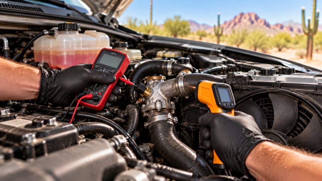 Mechanic testing a coolant temperature sensor with a multimeter and infrared thermometer in Tucson
