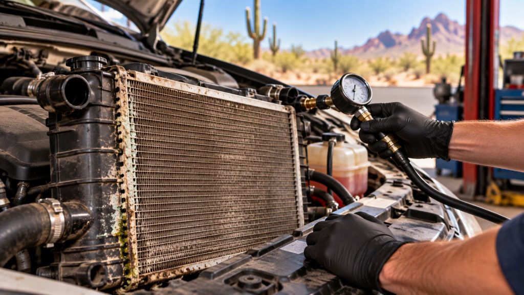 Mechanic pressure testing an aging radiator on a high-mileage vehicle in Tucson