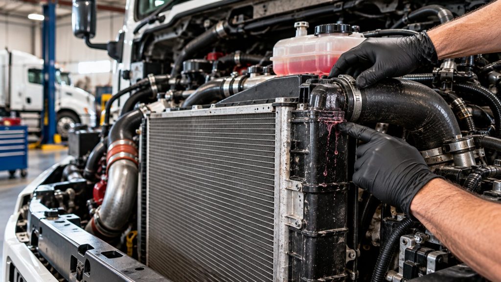 Technician inspecting a commercial truck radiator with visible coolant residue near the end tank and hose connection during radiator maintenance in Tucson, AZ.