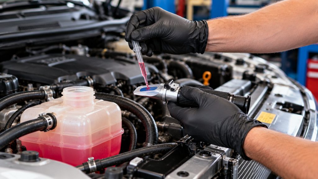 Mechanic testing coolant condition with a refractometer during a cooling system inspection before radiator replacement.