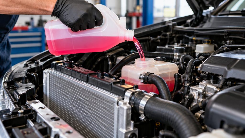 Mechanic performing a coolant refill after radiator replacement at a professional auto repair shop in Tucson, AZ.